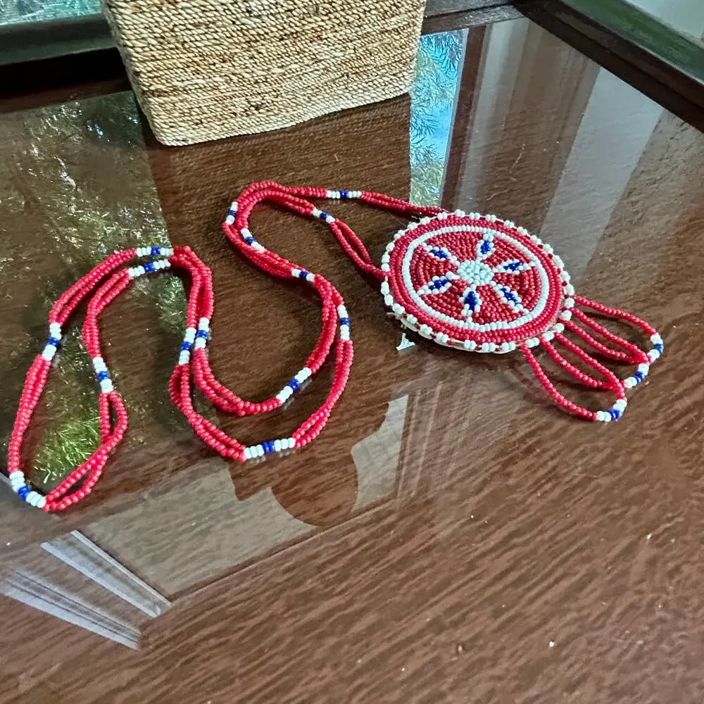 Vintage Beaded Medallion Necklace Red White Blue Southwestern Style